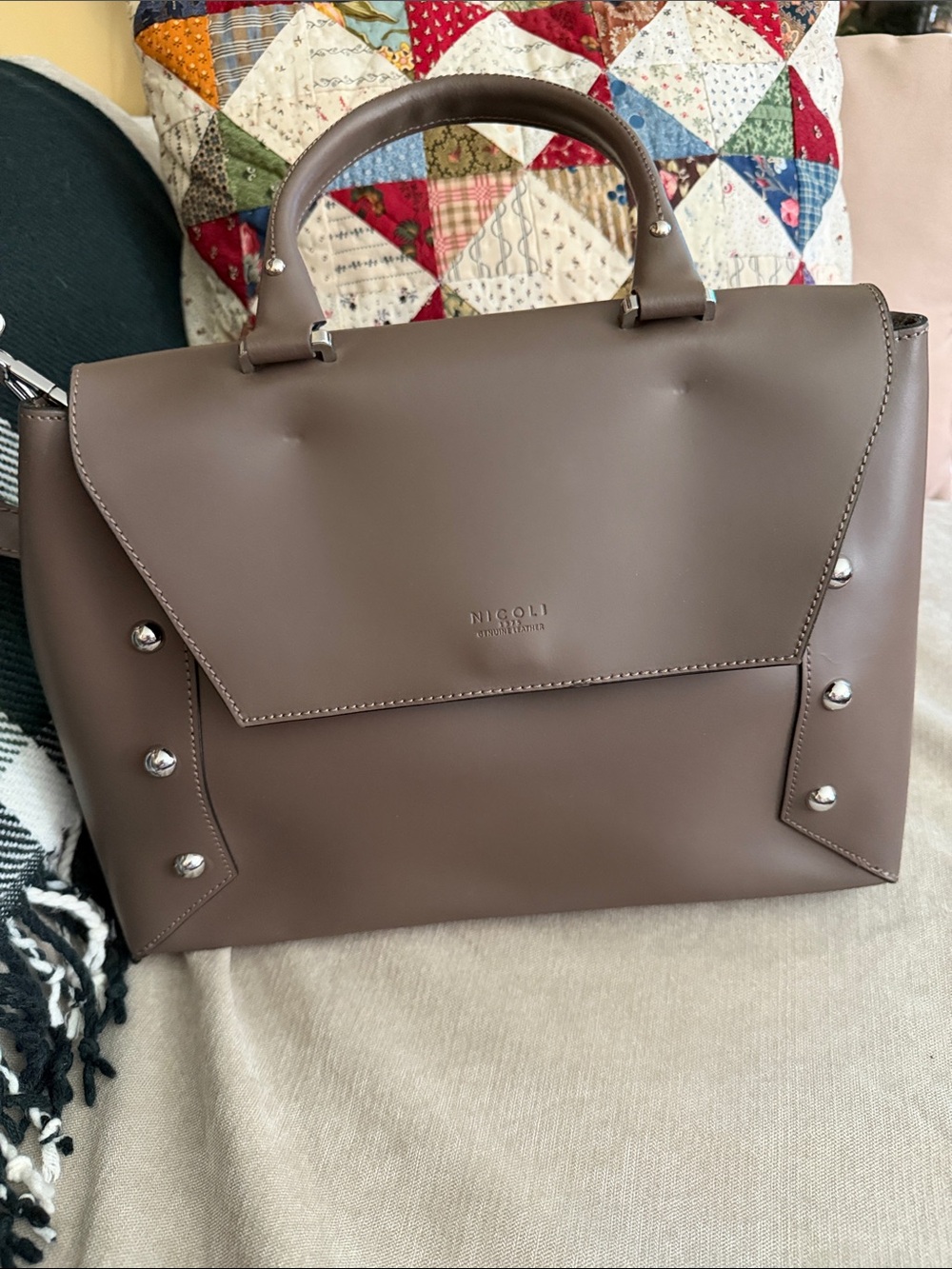 Nicoli Large Grey/Brown Structured Top-Handle Satchel with Silver Studs